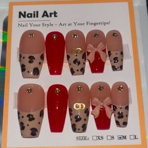 10 PC Hand Crafted Leopard & Red French Nails NWT